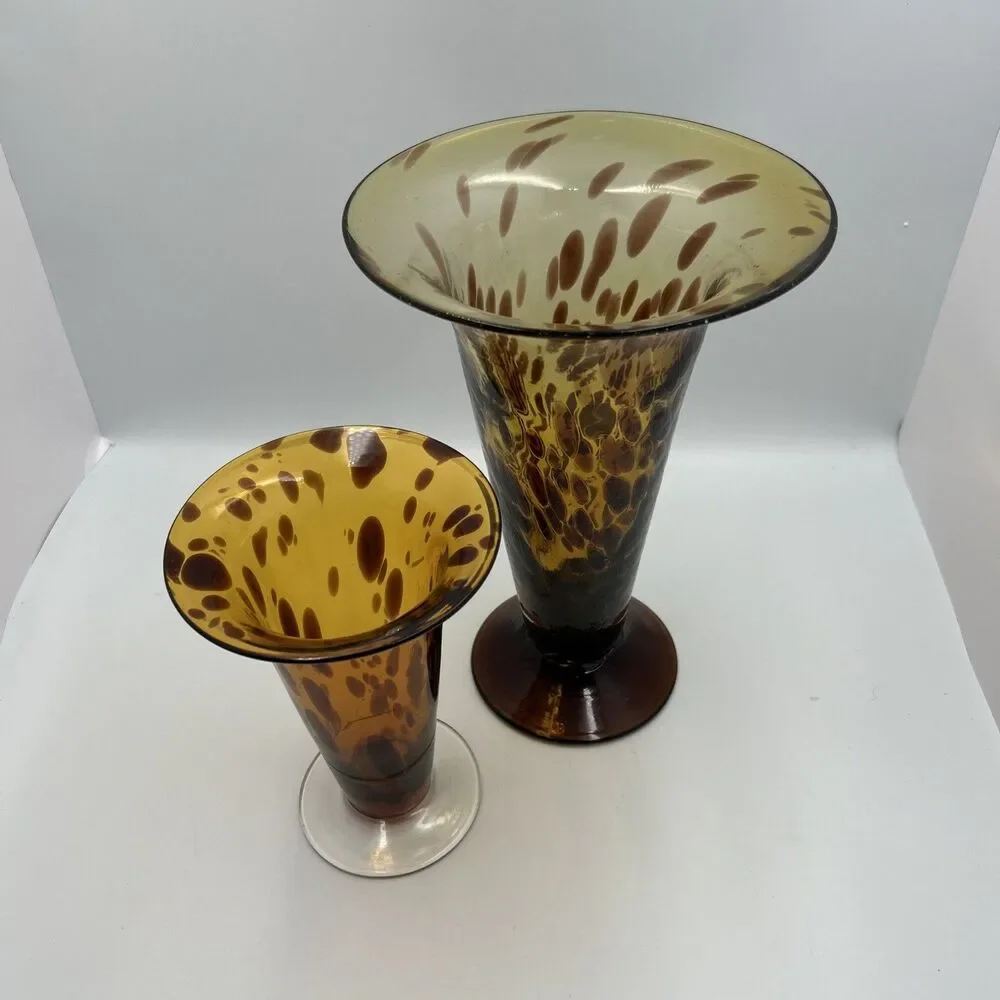 Vintage Hand Blown Art Glass Vases Set of 2 Amber Brown Spotted Pedestal Vases
